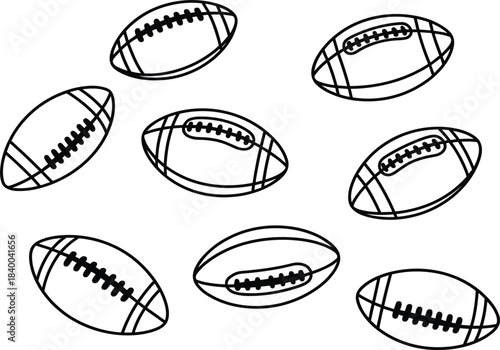 Set of eight black and white outline American footballs with lacing and stripes, team sports game equipment coloring page vector collection