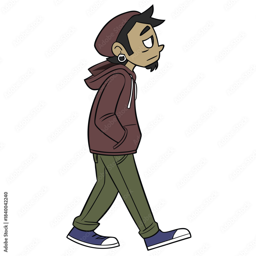 Fototapeta premium A cartoon illustration of a young man with a beard and hoodie walking with a pensive expression.