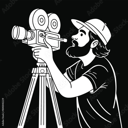A bearded man in a cap operating a vintage film camera on a tripod, depicted in a black and white line art style.