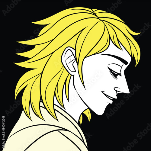 Stylized profile illustration of a person with bright yellow hair and a gentle smile against a black background.