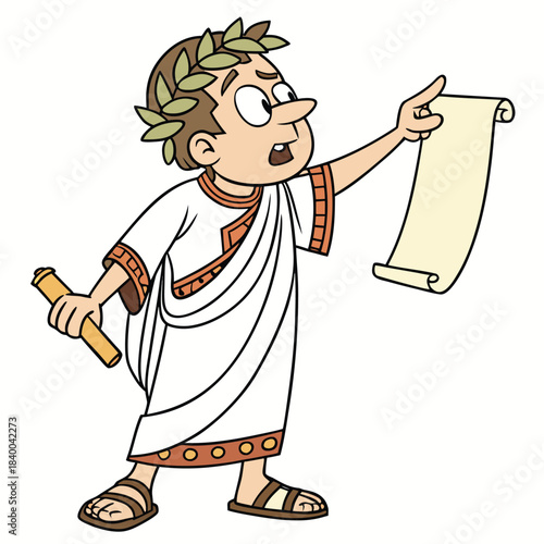 A cartoon Roman figure wearing a toga and laurel wreath, holding and pointing at a scroll with a surprised expression.