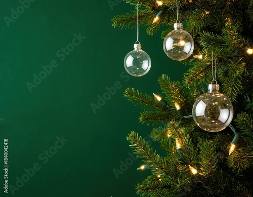 Christmas tree with glass balls and lights on a deep green background with copy space.