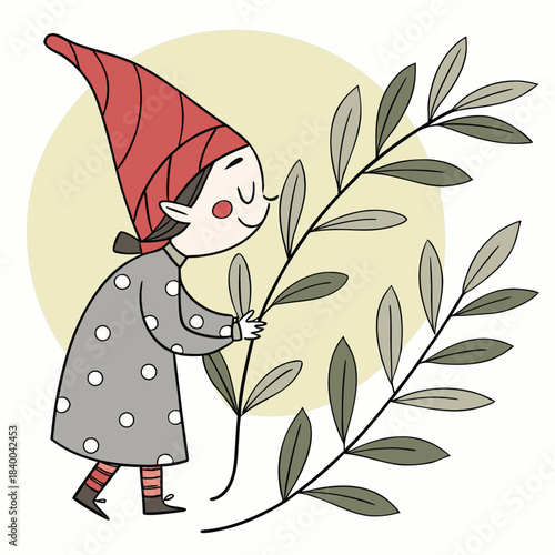 A whimsical illustration of a cute gnome in a red hat and polka-dotted dress, gently holding and smelling a leafy green branch.
