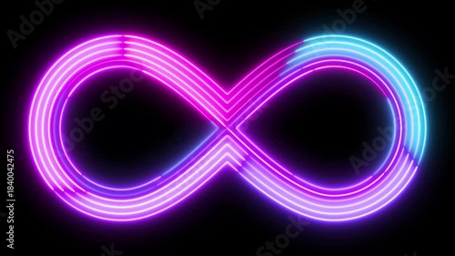 Neon Infinity Symbol Glow Animation, Vibrant Multicolor Electric Looping Motion Graphic with Futuristic Light Trails and Smooth Glowing Figure-Eight Shape on Black Background