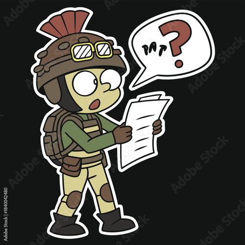 Cartoon character in military gear looking confused at a document with a question mark speech bubble.