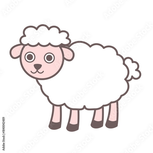 A sheep or lamb on white background.Cute Farm animal.Wool production.Flat design.Character or mascot.Childish and kids style.Sign, symbol, icon or logo isolated.Cartoon vector illustration.