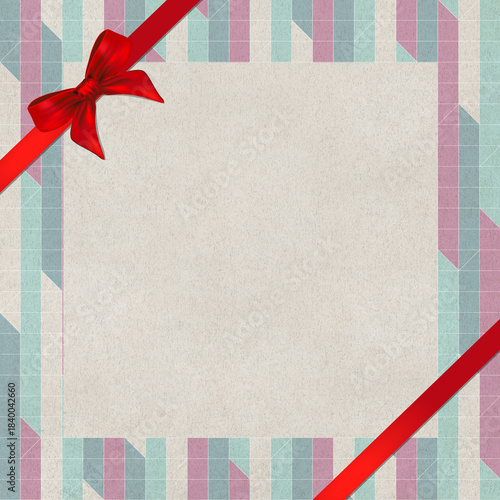 Cover report or card and red ribbon with bow on texture paper.