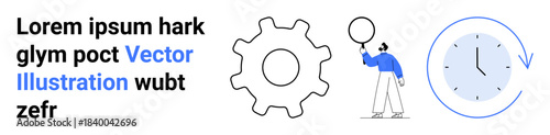 Gear for processes, person with balloon for creativity, clock with arrow for time management. Ideal for workflow, innovation, productivity, creativity, goals, planning simple landing page