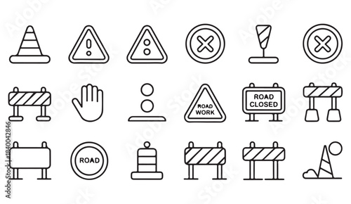 Thin outline caution and construction graphics for signage, road safety, and traffic alerts