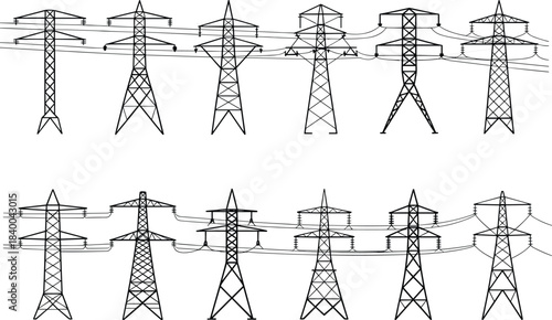 Electric power transmission tower collection illustration, alternating pylon designs, overhead power lines, utility grid infrastructure, energy distribution system, network concept