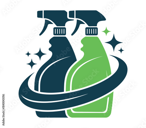 Illustration of two cleaning spray bottles with sparkles and a swoosh around them