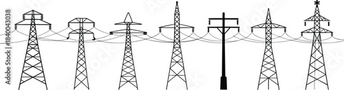 Electric power transmission tower set illustration, high voltage pylons, overhead power lines, utility infrastructure, energy network design