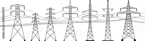 High voltage electric transmission tower collection illustration, overhead power lines, utility pylons, electricity grid infrastructure, energy network