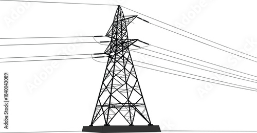 High voltage electricity transmission tower illustration, power line pylon, overhead cables, utility infrastructure, energy distribution concept design