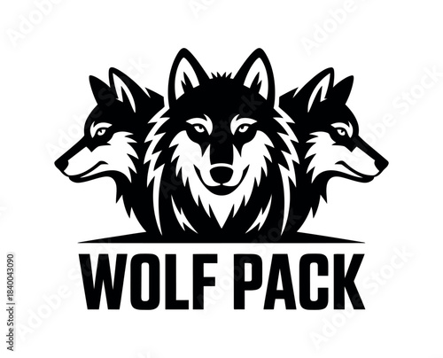 Three wolves heads in black and white with wolf pack text below the illustration
