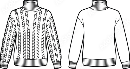 Men cable knit turtleneck sweater technical drawing, front and back view, fashion flat sketch illustration design, winter, apparel, garment, pattern