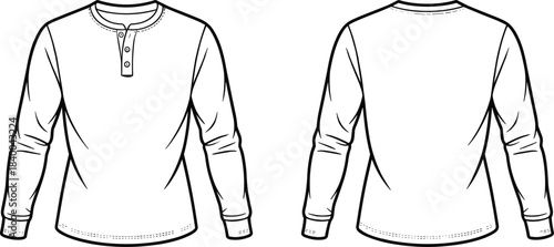 Men long sleeve henley shirt technical drawing, front and back view, casual fashion flat sketch illustration design