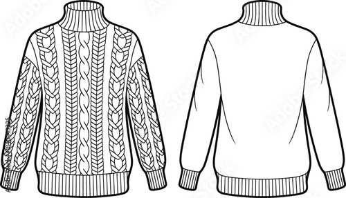 Men cable knit turtleneck sweater technical drawing, front and back view, winter knitwear, fashion flat sketch illustration design