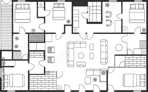 Modern residential house floor plan layout, architectural blueprint with bedrooms, living room, kitchen, bathroom, interior design illustration