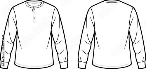 Men long sleeve henley shirt technical drawing, front and back view, fashion flat sketch illustration design