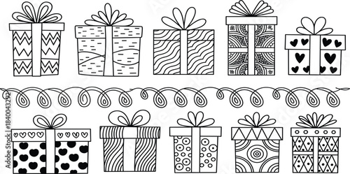 Set of ten patterned gift boxes with bows and hearts and a doodle border, black and white outline drawing, holiday coloring page vector collection