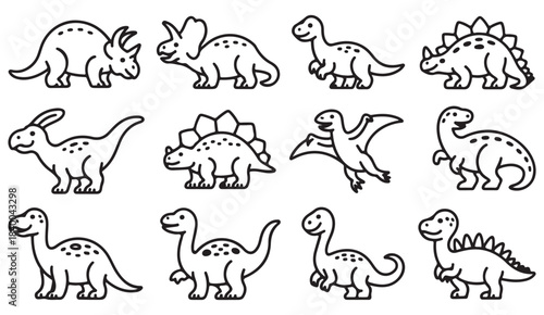 Simple outline prehistoric animal icons for children’s books, games, and educational graphics