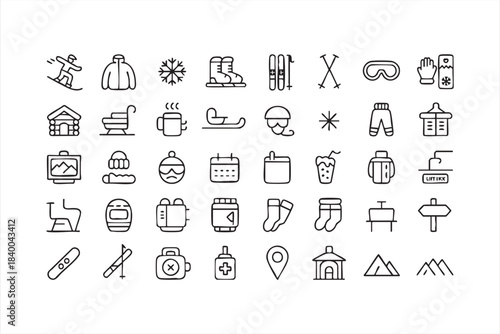 Winter Apparel and Snow Activity Icons for Mountain Tourism Platforms