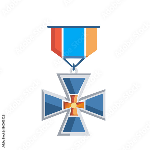 Blue and orange military cross medal with ribbon