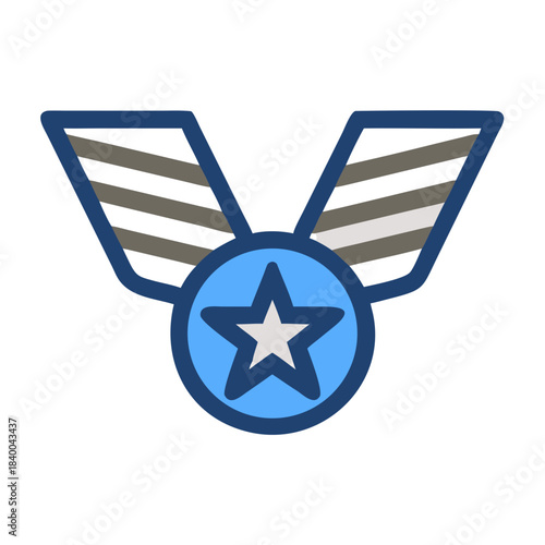 Blue medal icon with striped wings and star