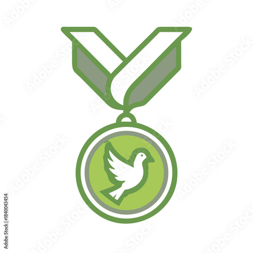 Green medal with dove symbol in outline style