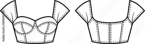 Women cropped corset top technical drawing, front and back view, fashion flat sketch, structured bustier illustration design, pattern, garment, apparel
