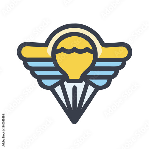 Parachute wings icon with lightbulb and sun motif