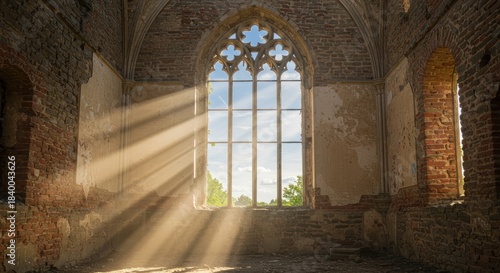 Sunlight streams through a stained-glass window in a crumbling, old church