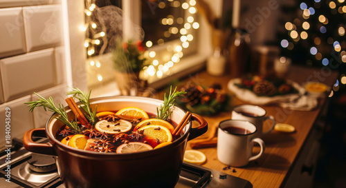 A pot of mulled wine simmering with rosemary, citrus and spices in a festive Christmas, New Year's kitchen. Cozy and fragrant holiday mood