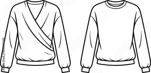 Women wrap sweater technical drawing, front and back view, crossover neckline, long sleeve knit top, fashion flat sketch illustration