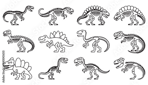 Cute line dinosaur bone structure icons including raptor, spinosaurus, and sauropod forms