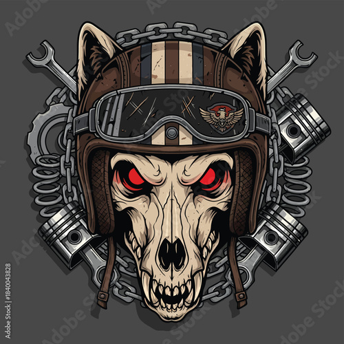 Stylized skull wearing motorcycle helmet with goggles illustration.