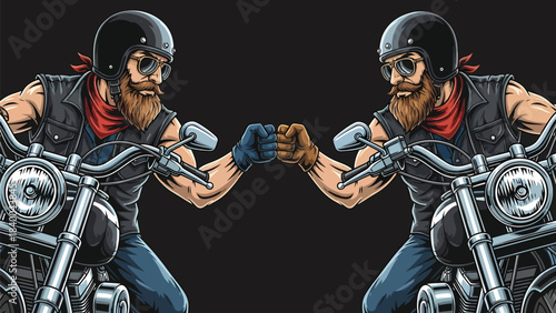 Two motorcyclists fist bump on bikes.