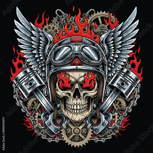 Biker Skull Emblem with Wings and Gear.