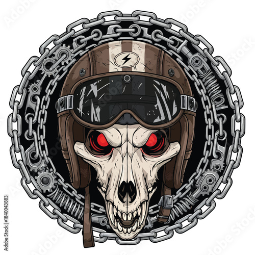 Biker skull wearing helmet with chains and goggles.