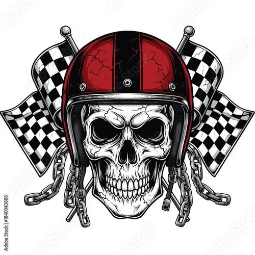 Biker Skull With Red Black Helmet Illustration.