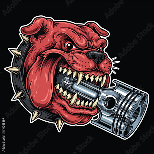 Cartoon snarling red dog head with gun barrel.