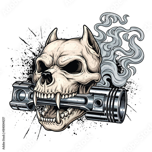 Skull with gun barrel smoking illustration.