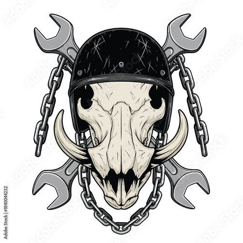 skull with helmet horns and industrial wrenches.