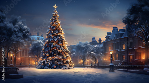 Beautiful Christmas tree decorated with golden ornaments and lights on a snowy city square at winter evening, festive holiday atmosphere, cozy street lamps and warm glow