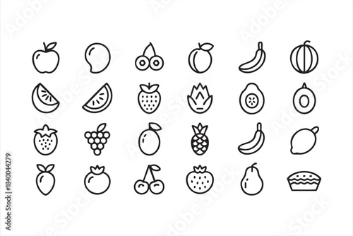 Clean Outline Icons Featuring Tropical and Everyday Fruits