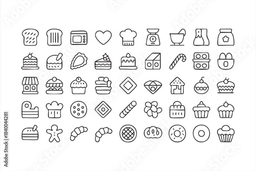 Black-and-White Baking Symbols Featuring Cakes, Donuts, and More