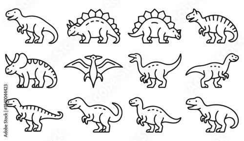 Thin line dinosaur icon pack featuring T-rex, stegosaurus, triceratops, and prehistoric animals