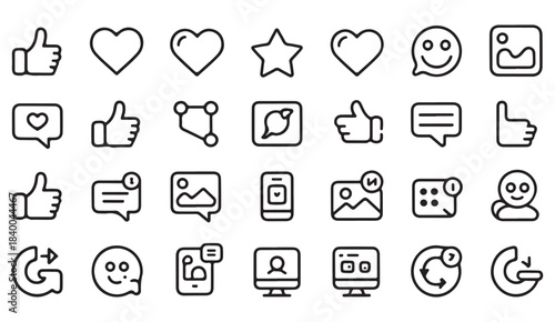 Simple outline digital communication and social icons for messages, reactions, profiles, and interface use