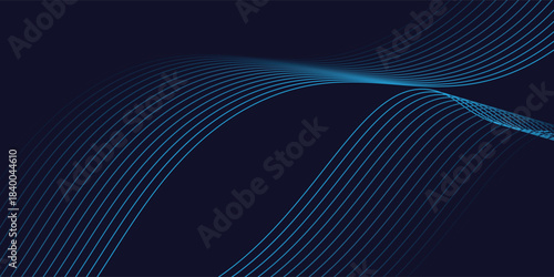 Dark abstract background with glowing wave. Shiny moving lines design element. Modern purple blue gradient flowing wave lines.